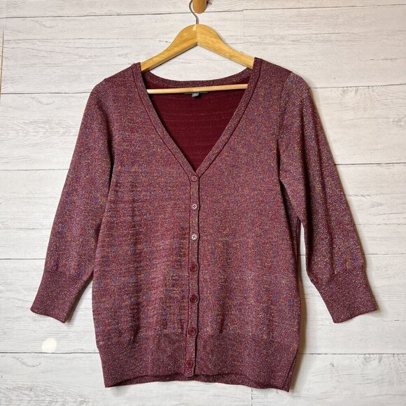 ModCloth Cardigan Womens Size Medium Burgundy Metallic Button Down Sweater - Picture 3 of 16